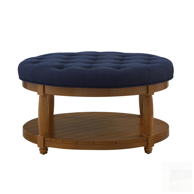 Large Round Tufted Linen Ottoman Coffee Table With Wood Shelf Storage, For Home And Commercial Use, Navy Blue, Brown
