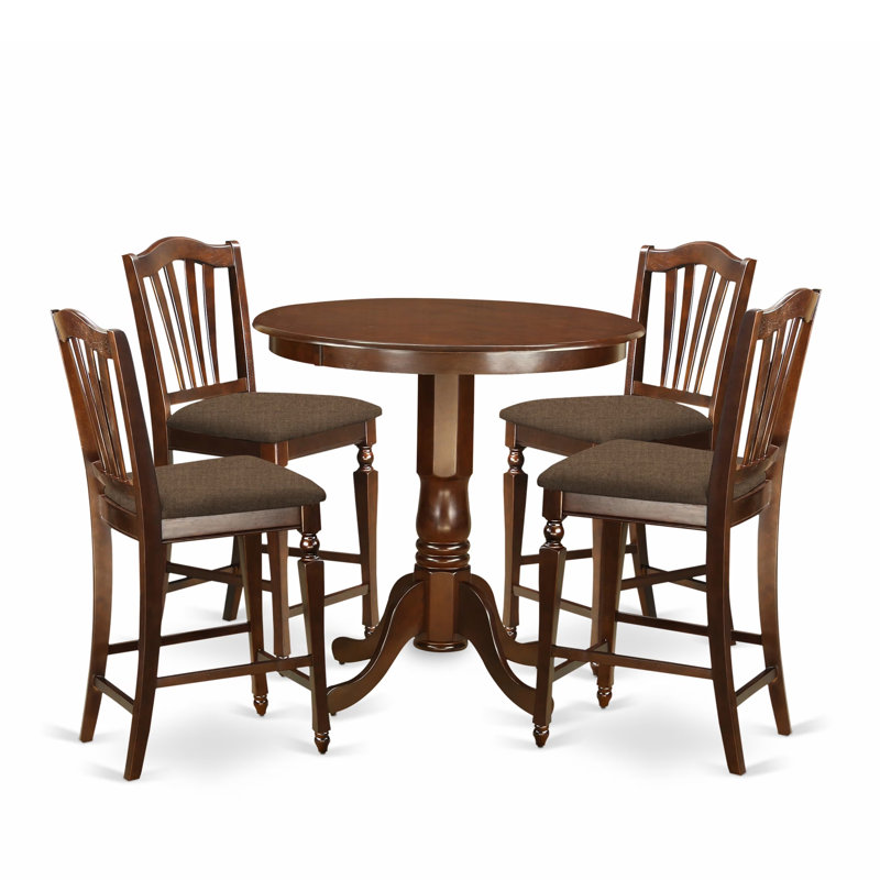 5 Piece Counter Height Dining Table Set Includes a Round Kitchen Table with Pedestal and 4 Linen Fabric Upholstered Dining Chairs, 36x36 Inch, Mahogany
