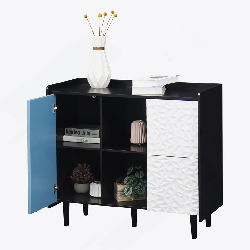 Buffet Buffet, armoire de rangement noire avec portes, 2 tiroirs au style de panneau unique, Noir / Bleu