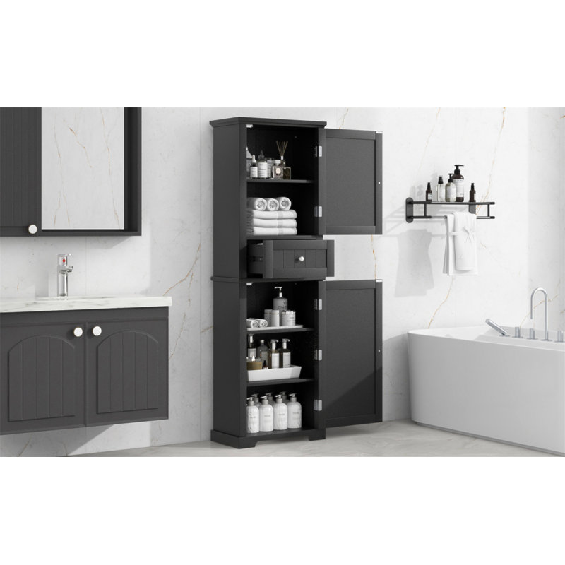 Grande armoire de rangement pour salle de bain, armoire de rangement autoportante avec tiroir et tablette réglable, panneau de fibres à densité moyenne avec finition peinte, noir 