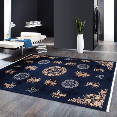 Tapis bleu marine / ivoire antique en laine noué à la main 7 pi 10 po x 10 pi 3 po