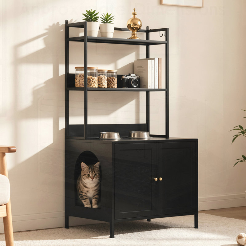 Enceinte en métal pour litière pour chat, grande armoire cachée avec 3 tablettes à niveaux, grande maison intérieure pour le contrôle des odeurs et le rangement