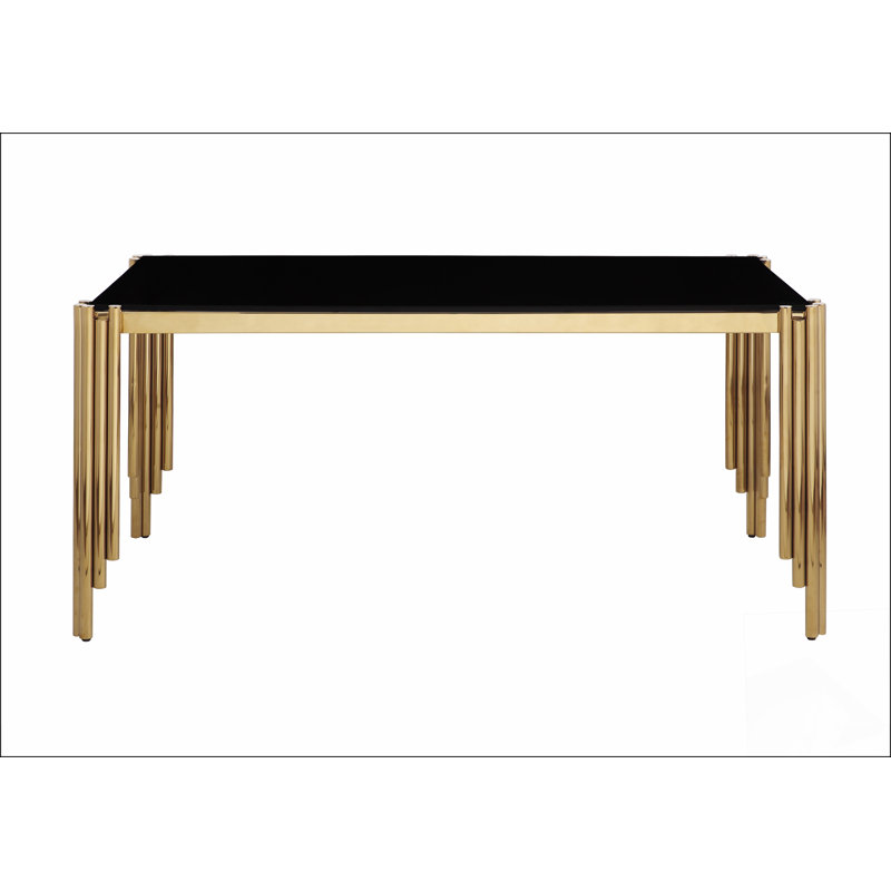 Table de salle à manger rectangulaire en verre de 65 po, plateau en verre trempé et pieds dorés polis, table de style moderne pour la maison et la cuisine. Salle à manger