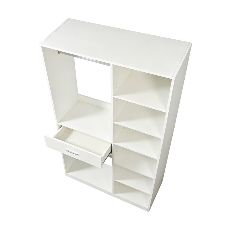 Armoire-penderie autoportante avec 2 tringles, 6 tablettes ouvertes et 1 tiroir, blanche