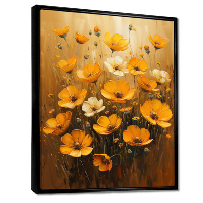Reproduction d'art sur fond orange, bouton d'or et noir «Meadow Bliss I»