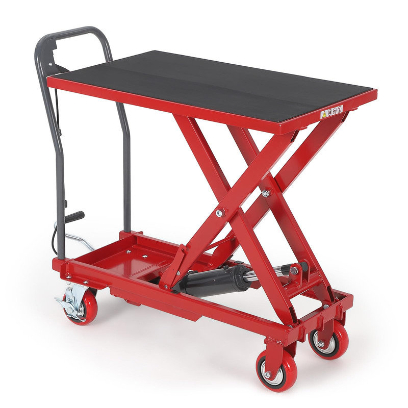 Chariot de table à ciseaux simple - capacité de 330 lb, hauteur de levage de 28,5 po, 4 roues et coussin antidérapant, rouge