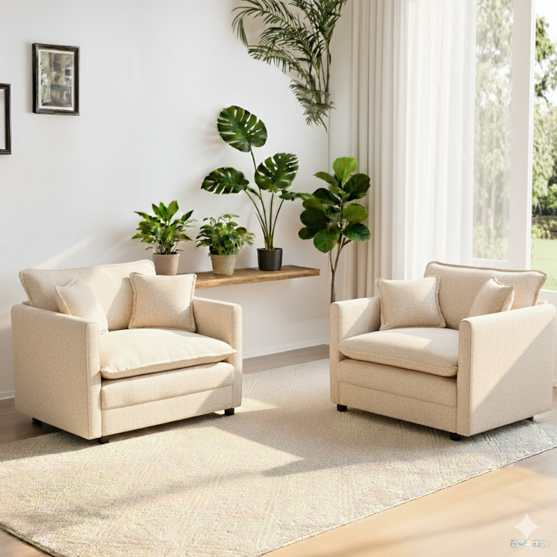 Modern Comfy Modular Loveseat 2-seat Couch Deep Seat Sofa Set For Living Room, Tan Chenille