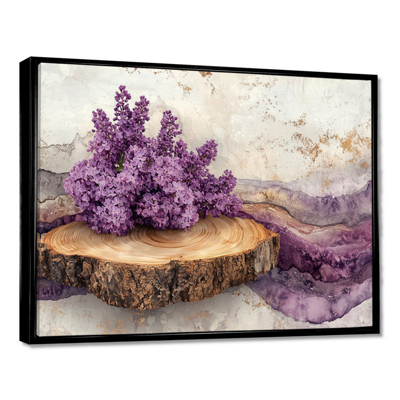 Graylin Lilacs Flowers Into A Wooden Slide Pattern I - Lilacs, art mural sur toile, H 12 po x l 20 po, Cadre flottant, Noir