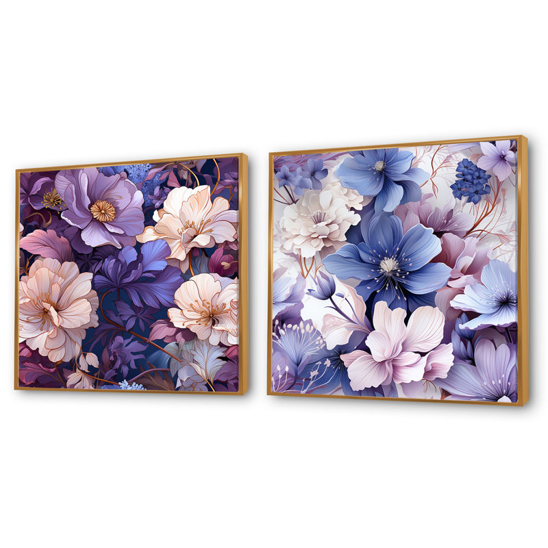 «Wonderland», fleurs mauves I, ensemble de 2 collages floraux carrés, Cadre flottant doré, H 30 po x l 61 po