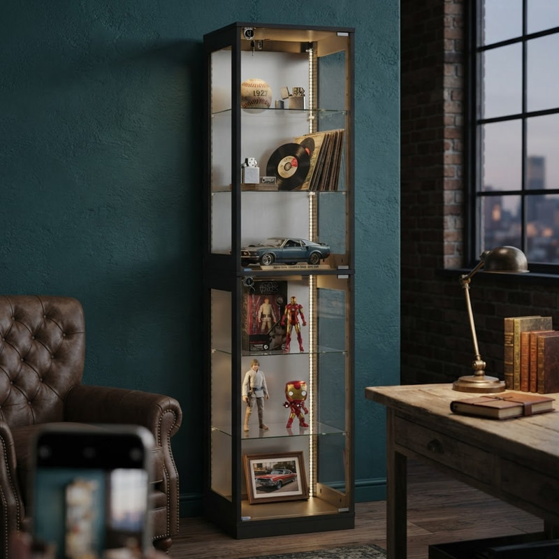 Vaisselier H 66,1 po avec tablettes réglables en verre et éclairage DEL
