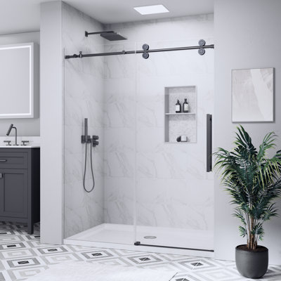 Porte de douche coulissante sans cadre, 112-122 cm (L) x 188 cm (H), en verre trempé de 6 mm d'épaisseur, revêtement nano facile à nettoyer, pour douche à l'italienne, ouverture et fermeture silencieuses, noir mat