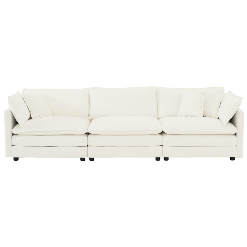 Canapé en chenille blanc de style Mid-Century moderne, 3 pour l'intérieur du salon avec 2 coussins d'accoudoirs et 3 coussins décoratifs et 3 coussins, structure en bois massif, respirant et confortable