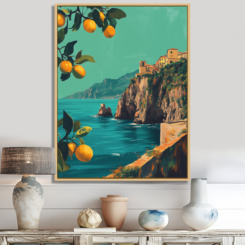 «Blue Amalfi in Vintage Sunlight I», art mural sur toile bord de mer méditerranéen, H 32 po x l 24 po, Cadre naturel flottant