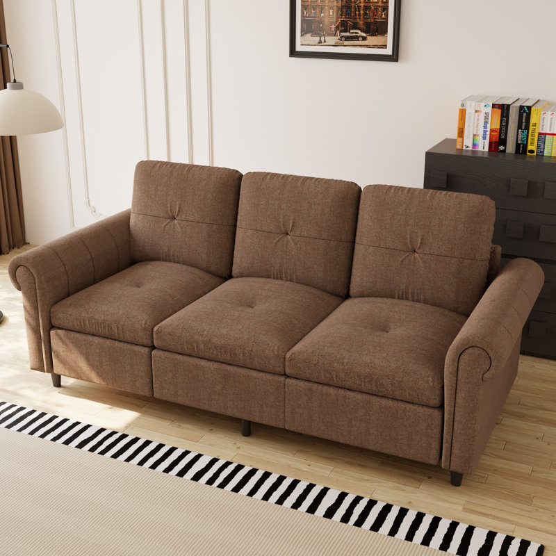 78.74''Modern 3-Seater Upholstered Sofa, Brown Fabric Couch with Tufted Cushions & Rolled Arms for Small Spaces, Brown
