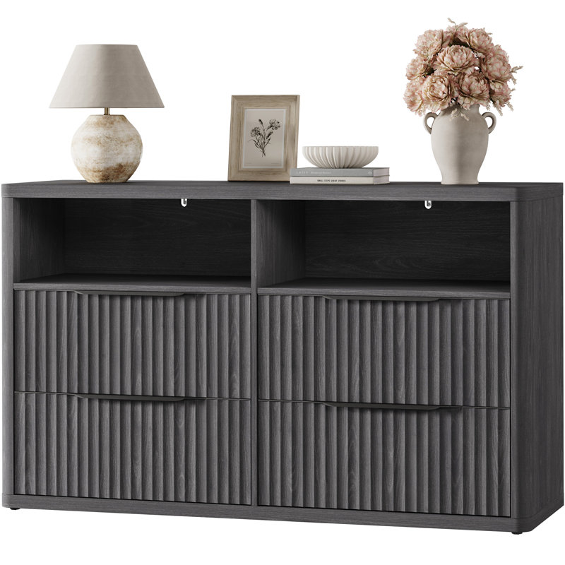  56.5"W Modern Fluted 4-Drawer Dresser With 2 Large Open Storage, Dark Gray Alder