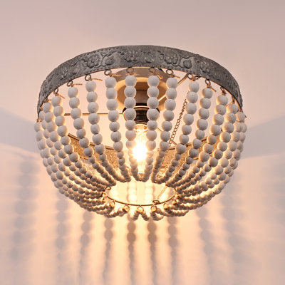 White Boho Beaded Chandeliers Flush Mount Ceiling Light Small Antique Farmhouse Chandelier Light Fixture for Bedroom Kitchen Dining Room Living Room Stairway Gazebo