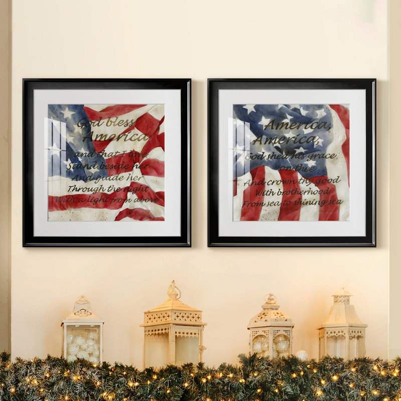 Bless America - ensemble de 2 reproductions d'art textuel encadrées, Blanc, Papier encadré noir
