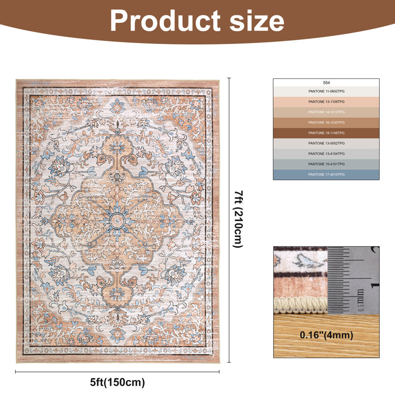 Tapis oriental antidérapant Boho, Rectangle 5 pi x 7 pi, Brun / Beige / Gris