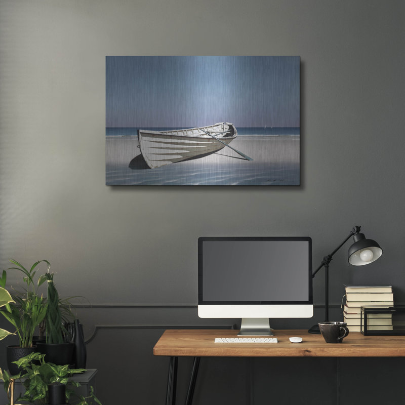  «White Boat On Beach» par Zhen-Huan Lu, art mural en métal, 24 po x 16 po, H 24 po x l 36 po