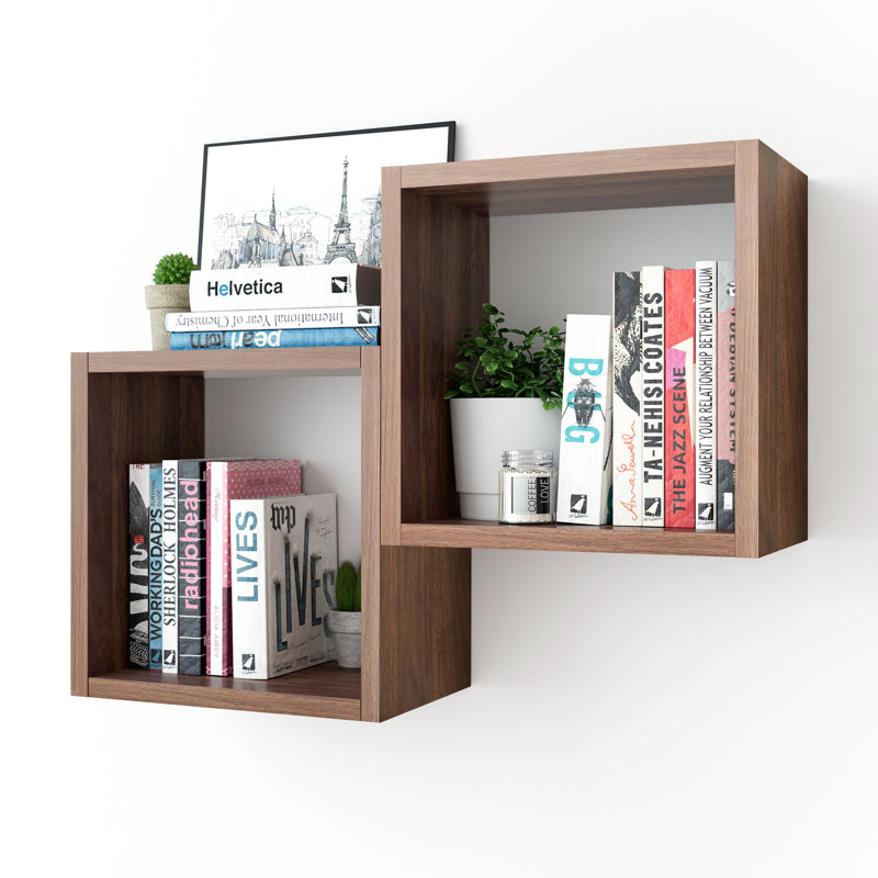 Wall Mount Cube Shelf Set Of 2, Floating Cube Shelves For Space Discovery, Square—7.9" D x 12.6" W, Dark Walnut