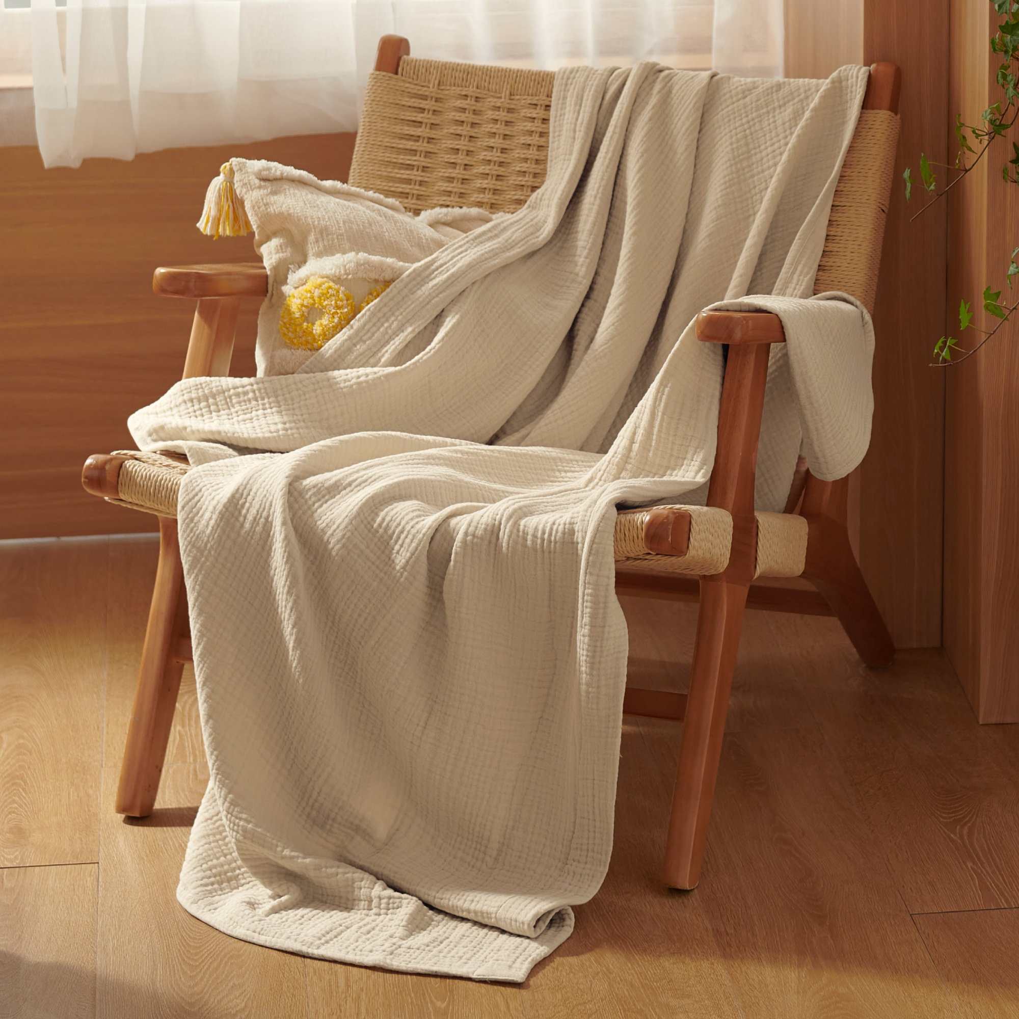 Bedsure 200gsm 100% Cotton Lightweight Muslin Blanket GentleSoft™️for Spring & Summer, Queen, Beige