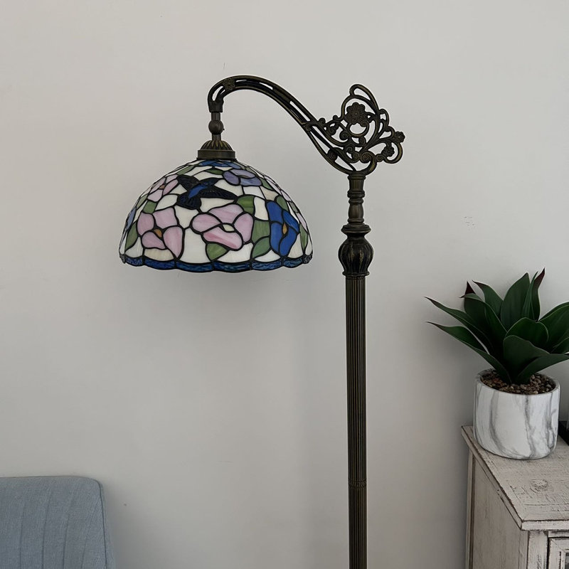 Tonsey Tiffany Floor lamps Pink blue stained glass Hummingbird Flowers LED Bulb Included Gooseneck 20"W*12"D*63"H