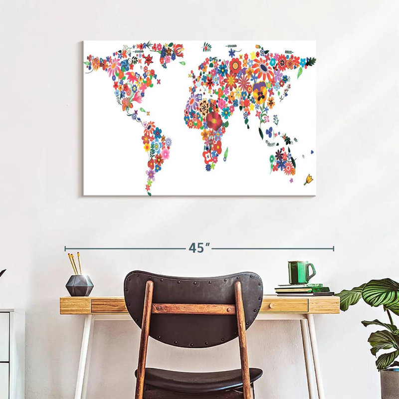 Harnek Flowers World Map, 26" H x 39" W