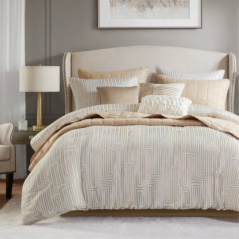 Ensemble d'édredon jacquard 10 pièces très grand ivoire, Ivoire géométrique, Édredon pour très grand lit + 9 pièces supplém