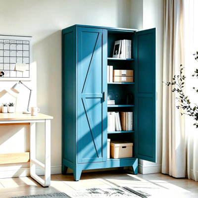 Grande armoire de rangement en métal 71 po avec 2 portes, 4 tablettes réglables et un espace de rangement indépendant (bleu)