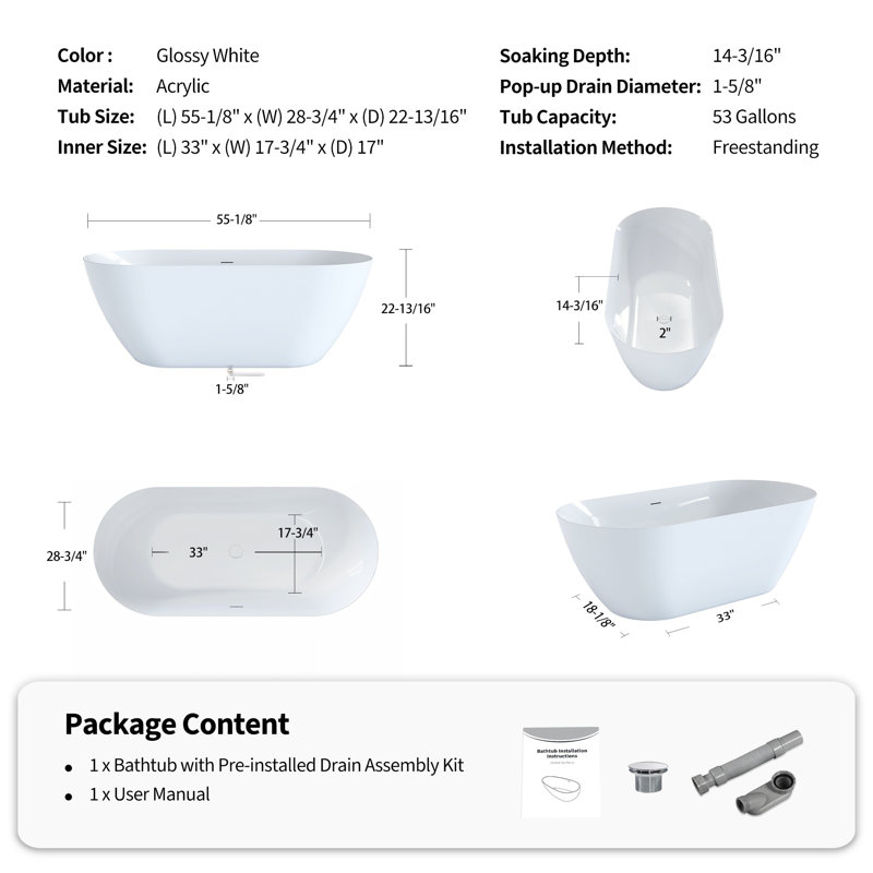 Baignoire de trempage autoportante en acrylique blanc brillant 55 po avec drain blanc mat, Blanc mat