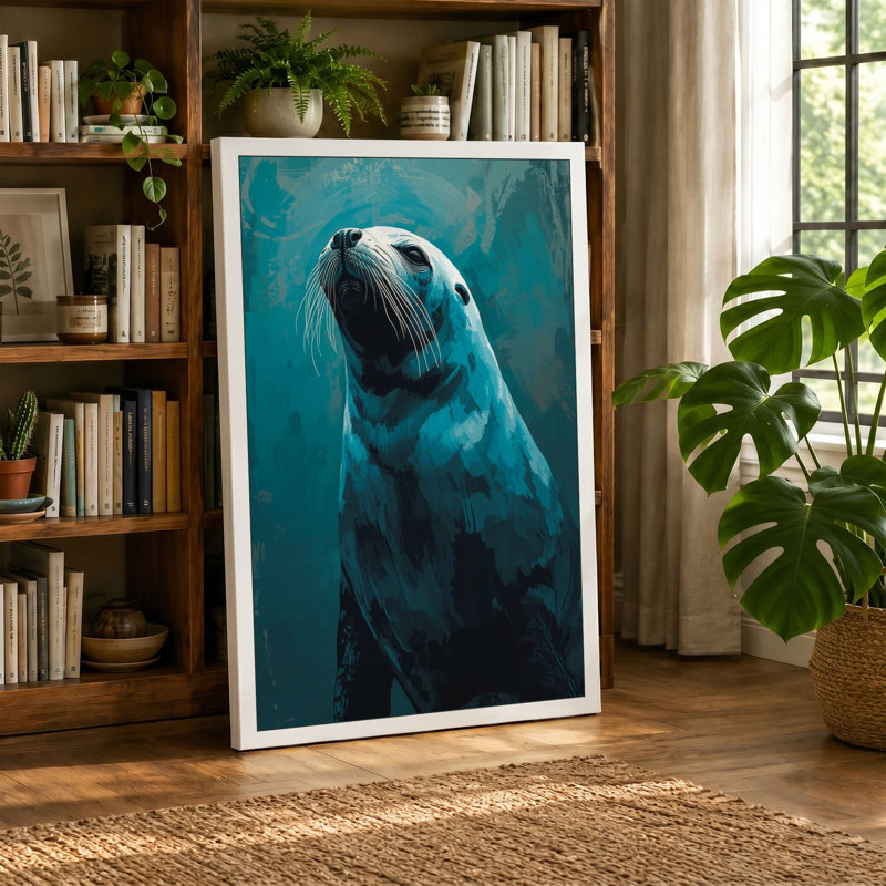 Seal in Teal Waters Coastal - Wrapped Canvas, 18x12 - 45.7 x 30.5 cm, Cream Border