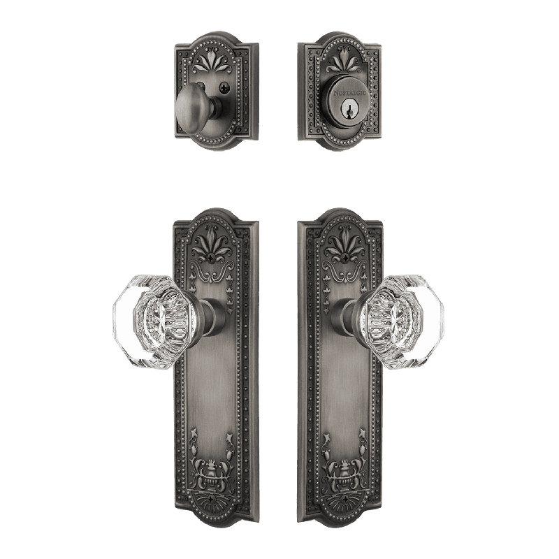 Nostalgic Warehouse Meadows Entry Set with Waldorf Crystal Knob, 2.375, Antique Pewter