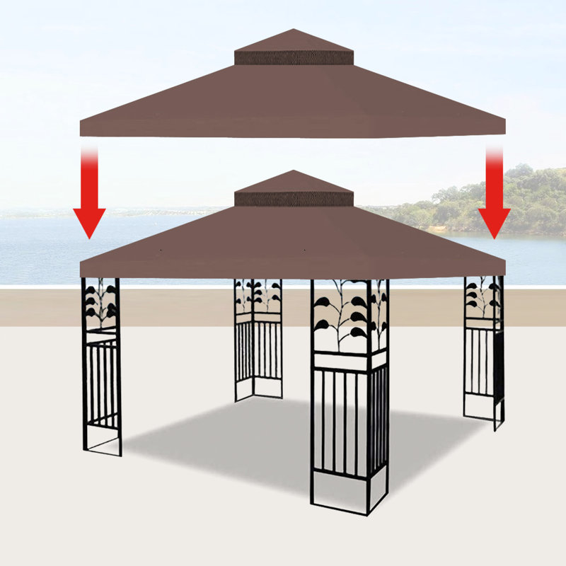 10X10 Ft Gazebo Replacement Canopy - Double Tier Roof , Waterproof, Fade Fabric 2 Drain Holes On Each Side & Netting Patio Top Tiered Protected, Water-Repellent, Fade- Material Per
