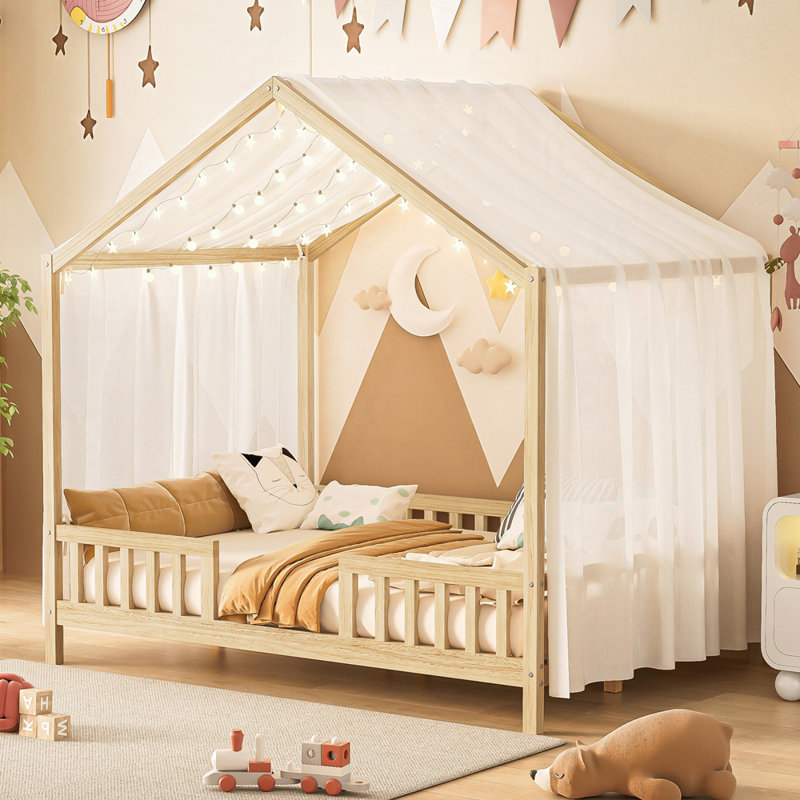 Lit de sol avec baldaquin Montessori, Naturel, Lit double