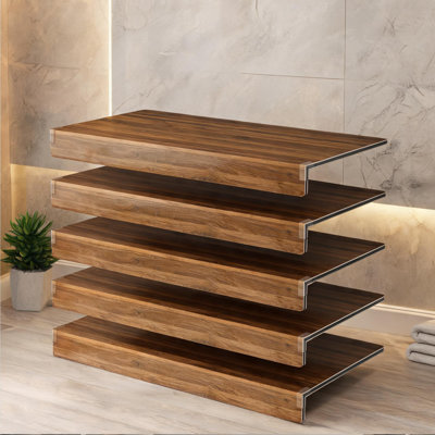 Wood-tone brown PVC wire shelf covers for removable closet, pantry, kitchen and bathroom shelving decoration, 5-piece 36 x 16 inch set with printed wood grain finish