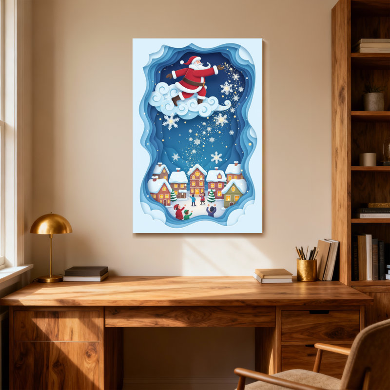 Père Noël de Noël survolant la nuit du village enneigé, H 36 po x l 24 po