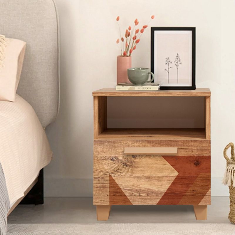 Modern Nightstand with Abstract Design, Atlantic Pine Finish, 17.7 x 20.5 x 15.7 inches | 100% Melamine Coated Particle Board, PVC Edge Banding, MDF Handles | Wall-Mountable, Multiple Shelves, Stylish & Functional Storage Solution