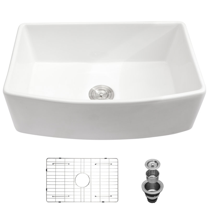 Évier en céramique de 84 cm (33 po) - Blanc avec rebord arqué et tablier avant, cuve unique de 84 cm (33 po)