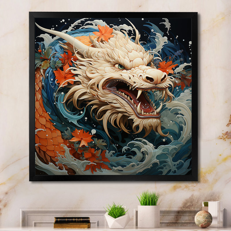 Vague de dragon japonais au large de Kanagawa I - Dragons, art mural, Cadre simple noir, H 30 po x l 30 po x P 1,5 po