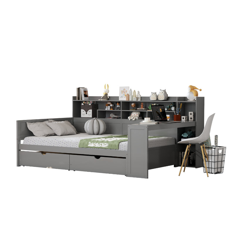 Wooden Full Size Daybed With Storage Shelves, Multi-Functional Bed With Two Storage Drawers And  Study Desk, Gray, Gray, Full