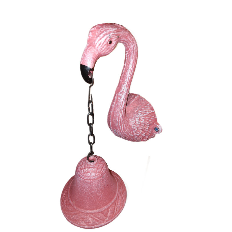 Rustic Pink Cast Iron Decorative Dinner Bell with Vintage Tropical Flamingo Frame