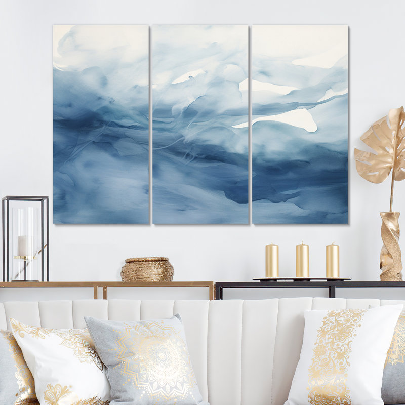 Nuage d'aquarelle bleu et blanc dansant 3 pièces, H 28 po x l 36 po x P 1 po