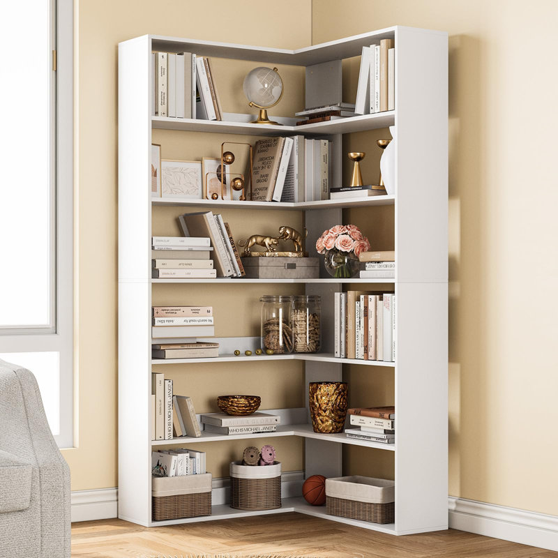 Corner Bookshelf, 6-Tier 71" Tall L-Shaped Wooden Bookcase with Baffles, Industrial Storage Display Shelf, White