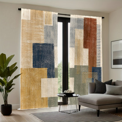 Rideaux filtrant la lumière avec passe-tringle 2 pièces, drapés géométriques abstraits à imprimé de blocs de couleur rétro, décoration intérieure fraîche, habillage de fenêtre toutes saisons pour le salon, la chambre à coucher, la décoration de la maison
