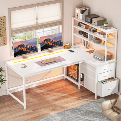 60" Tall L-Shaped Computer Desk with 3-Tier Shelf & Fabric Drawers LED Lights, Power Strip,– Sturdy Gaming Workstation for Home Office, Large Storage, Easy Assembly