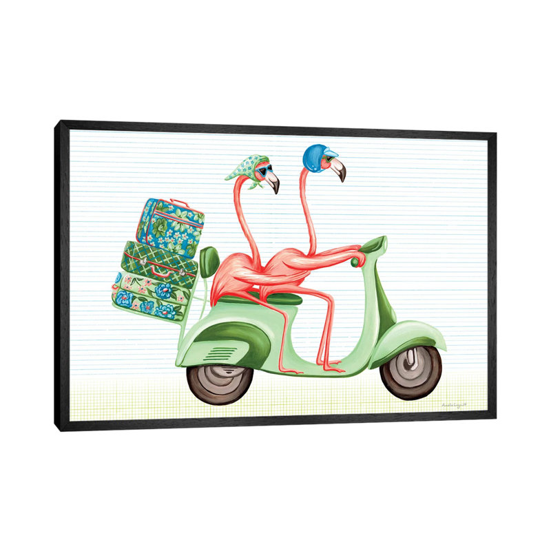 Flamingos Vespa by Amélie Legault - Wrapped Canvas Painting, 66.04 cm H x 45.72 cm W, Black Framed Canvas