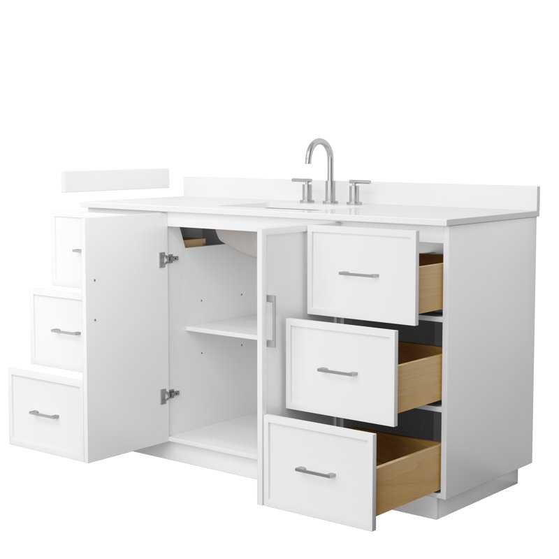 Elan TK 60" Freestanding Single Bathroom Vanity with Quartz Top, White, Brushed Nickel, White Quartz