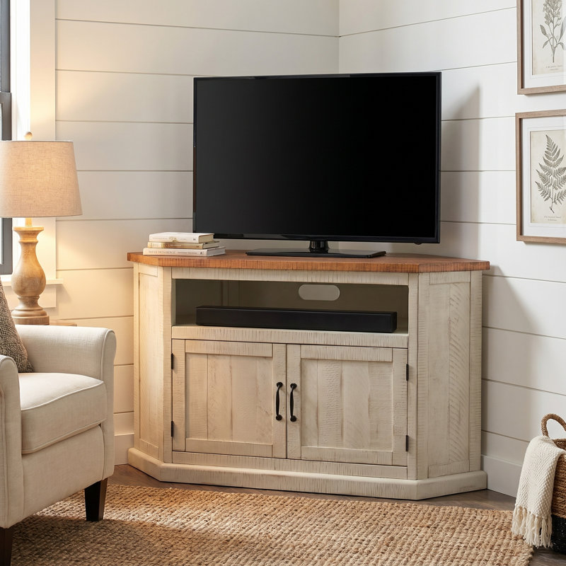 Kinsella 50" Solid Wood Corner TV Stand with Storage, Antique White/Honey Tobacco