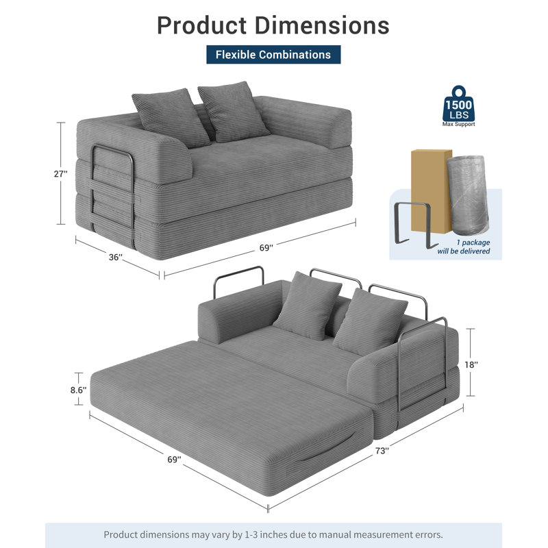 69" Convertible Sleeper Compression Sofa Bed Floor Sofa Lounge Couch Corduroy Folding Mattress Couch with 2 Pillows, Gray
