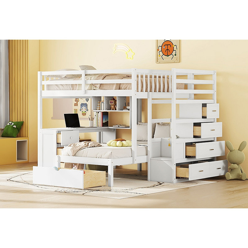 Lit superposé avec bureau, tiroirs et tablettes, Blanc